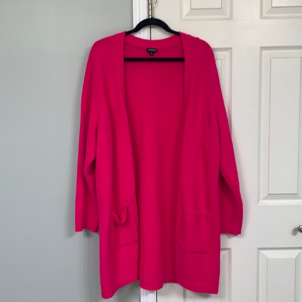 Torrid size 2 hot pink long sleeve, open front cardigan, two pockets